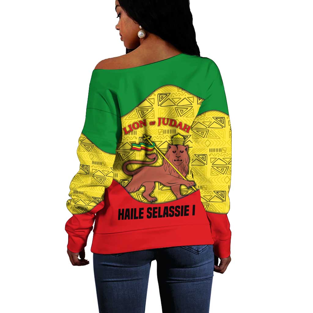 Haile Selassie I Off Shoulder Sweater Ethiopia Lion of Judah and Conquering Lion Pattern Tribute - African Pride