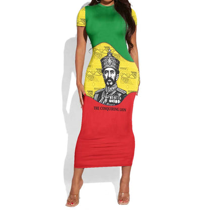 Haile Selassie I Short Sleeve Bodycon Dress Ethiopia Lion of Judah and Conquering Lion Pattern Tribute - African Pride