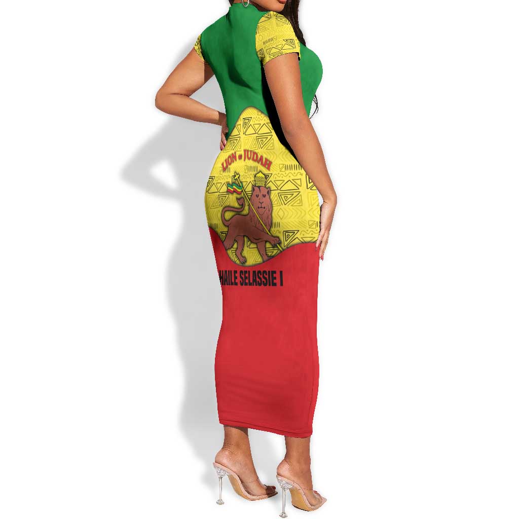 Haile Selassie I Short Sleeve Bodycon Dress Ethiopia Lion of Judah and Conquering Lion Pattern Tribute - African Pride