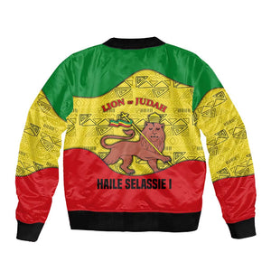 Haile Selassie I Sleeve Zip Bomber Jacket Ethiopia Lion of Judah and Conquering Lion Pattern Tribute - African Pride