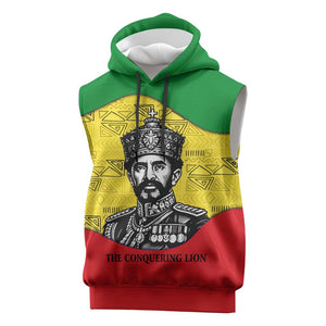 Haile Selassie I Sleeveless Hoodie Ethiopia Lion of Judah and Conquering Lion Pattern Tribute - African Pride
