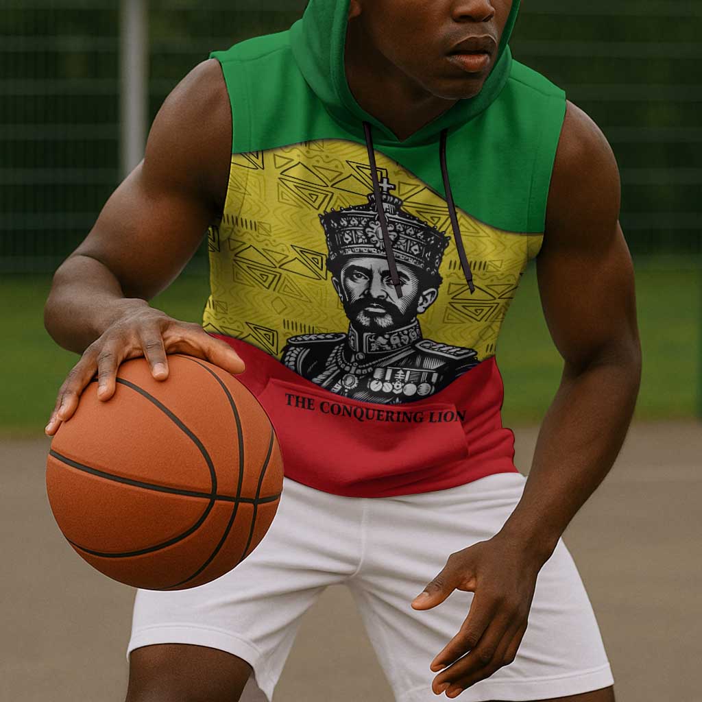 Haile Selassie I Sleeveless Hoodie Ethiopia Lion of Judah and Conquering Lion Pattern Tribute - African Pride