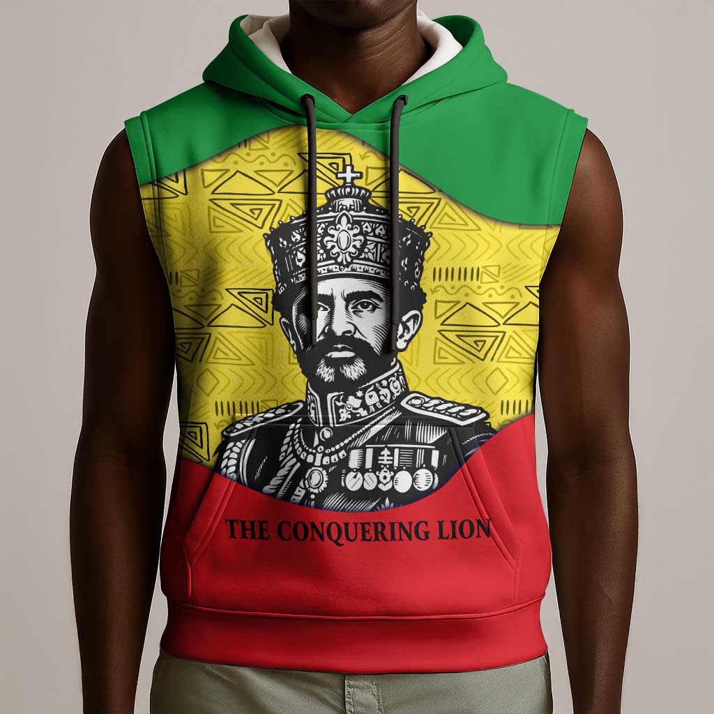 Haile Selassie I Sleeveless Hoodie Ethiopia Lion of Judah and Conquering Lion Pattern Tribute - African Pride