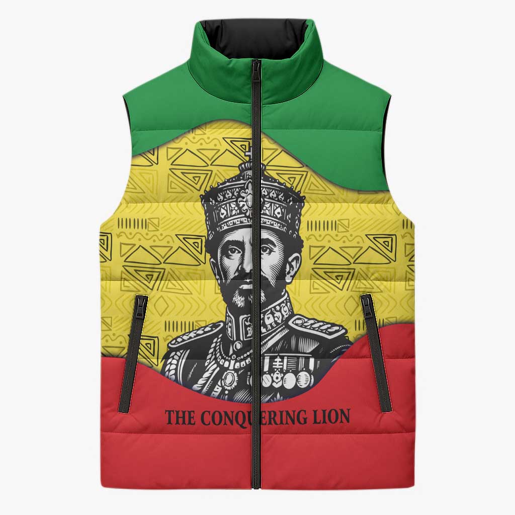 Haile Selassie I Sleeveless Puffer Jacket Ethiopia Lion of Judah and Conquering Lion Pattern Tribute - African Pride