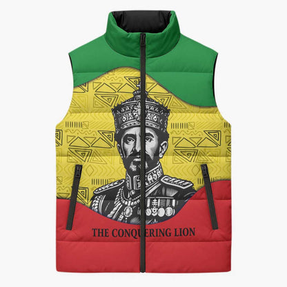 Haile Selassie I Sleeveless Puffer Jacket Ethiopia Lion of Judah and Conquering Lion Pattern Tribute - African Pride