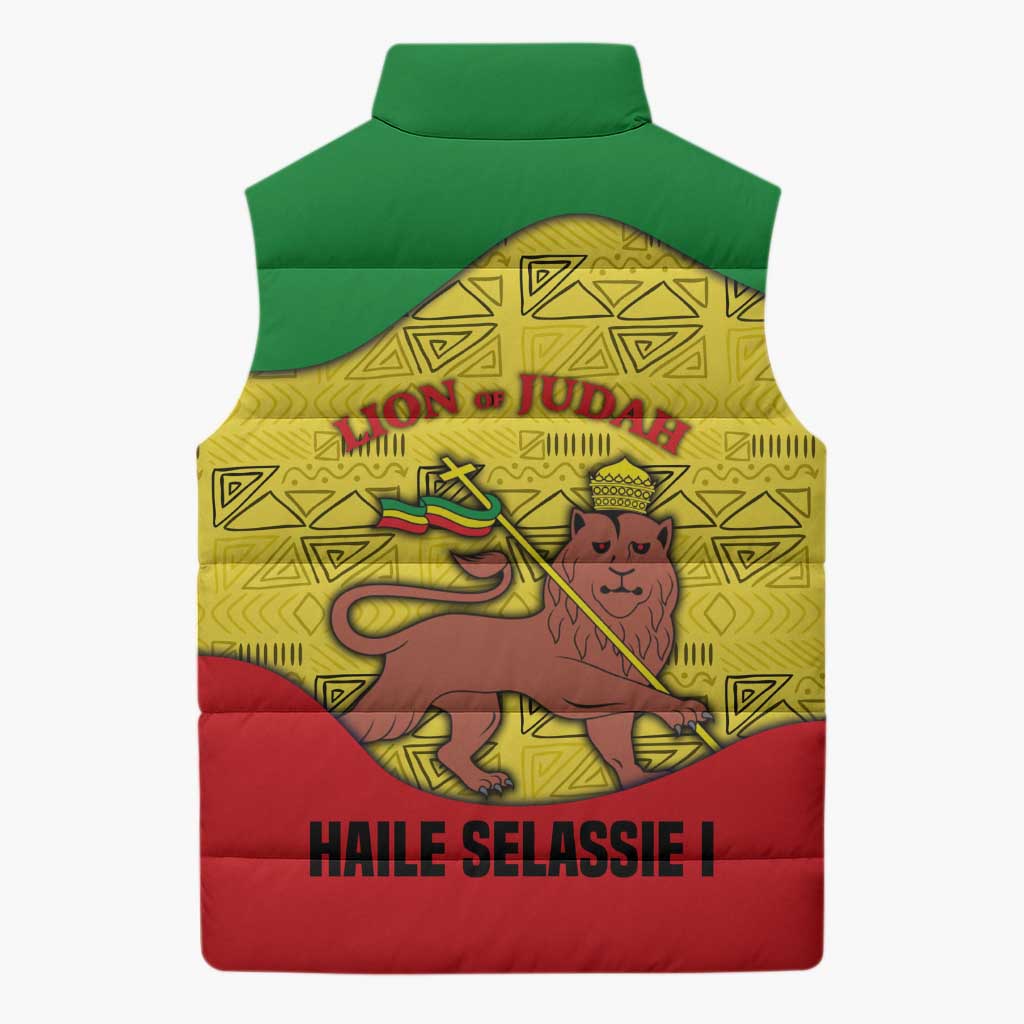 Haile Selassie I Sleeveless Puffer Jacket Ethiopia Lion of Judah and Conquering Lion Pattern Tribute - African Pride