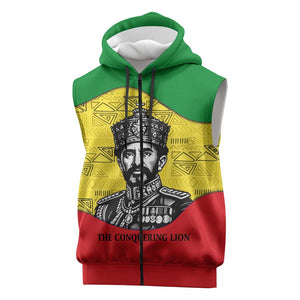 Haile Selassie I Sleeveless Zip Hoodie Ethiopia Lion of Judah and Conquering Lion Pattern Tribute - African Pride