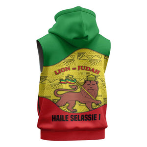 Haile Selassie I Sleeveless Zip Hoodie Ethiopia Lion of Judah and Conquering Lion Pattern Tribute - African Pride
