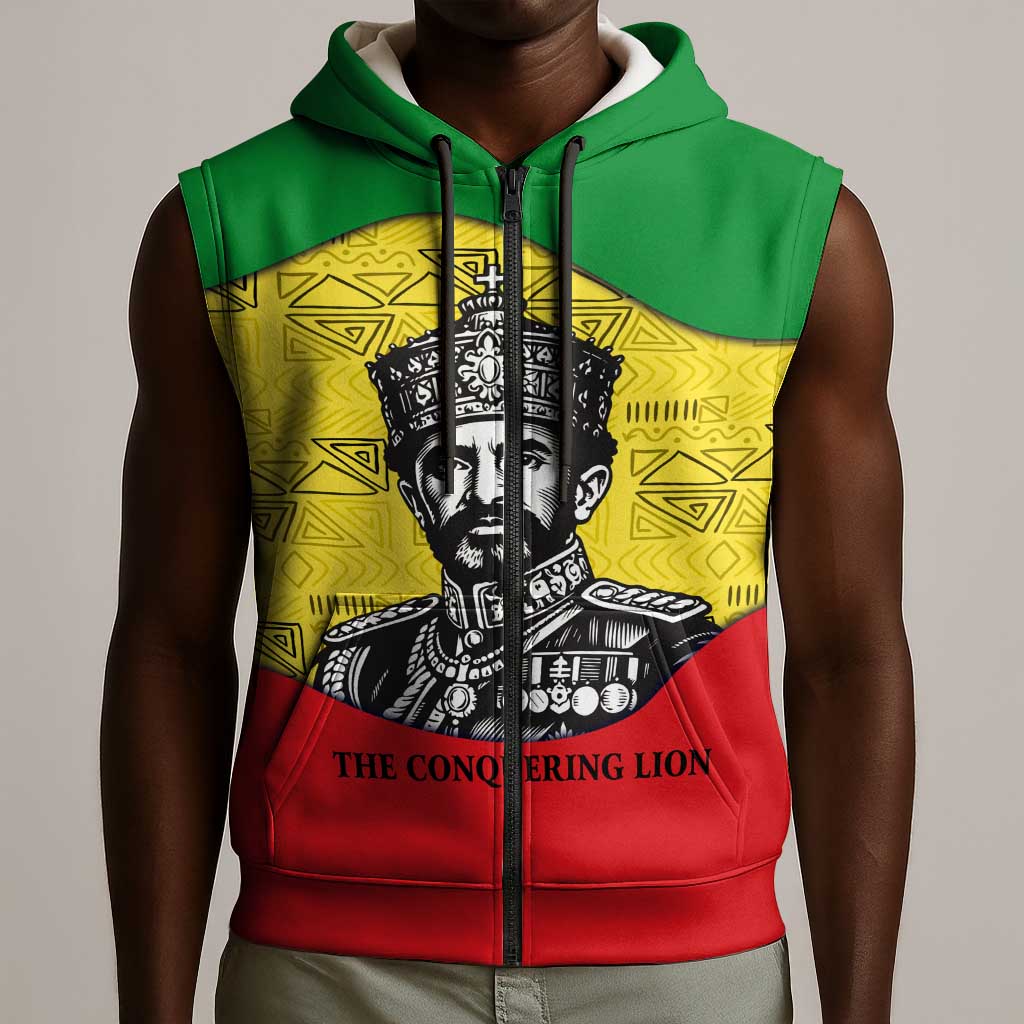 Haile Selassie I Sleeveless Zip Hoodie Ethiopia Lion of Judah and Conquering Lion Pattern Tribute - African Pride