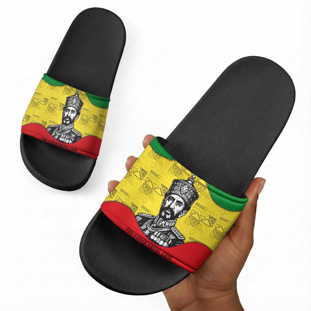 Haile Selassie I Slide Sandals Ethiopia Lion of Judah and Conquering Lion Pattern Tribute - African Pride