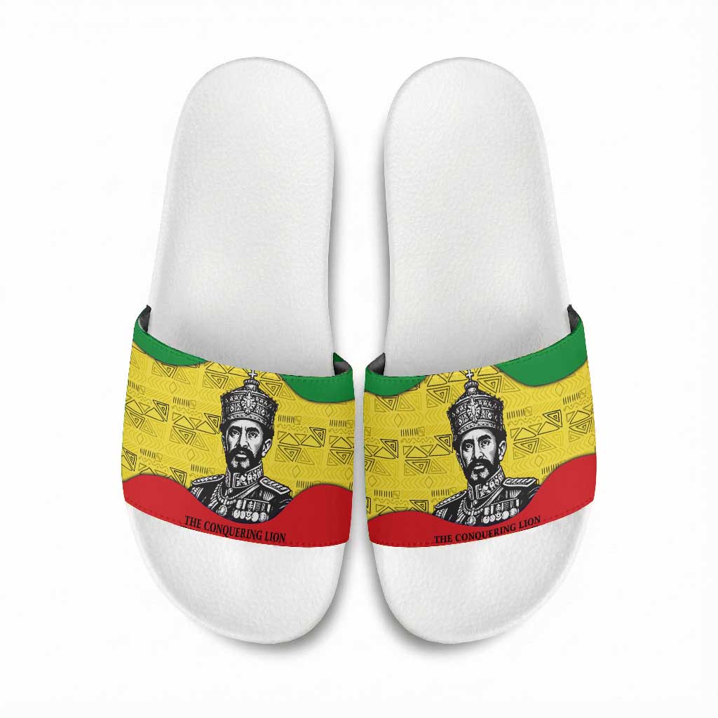 Haile Selassie I Slide Sandals Ethiopia Lion of Judah and Conquering Lion Pattern Tribute - African Pride
