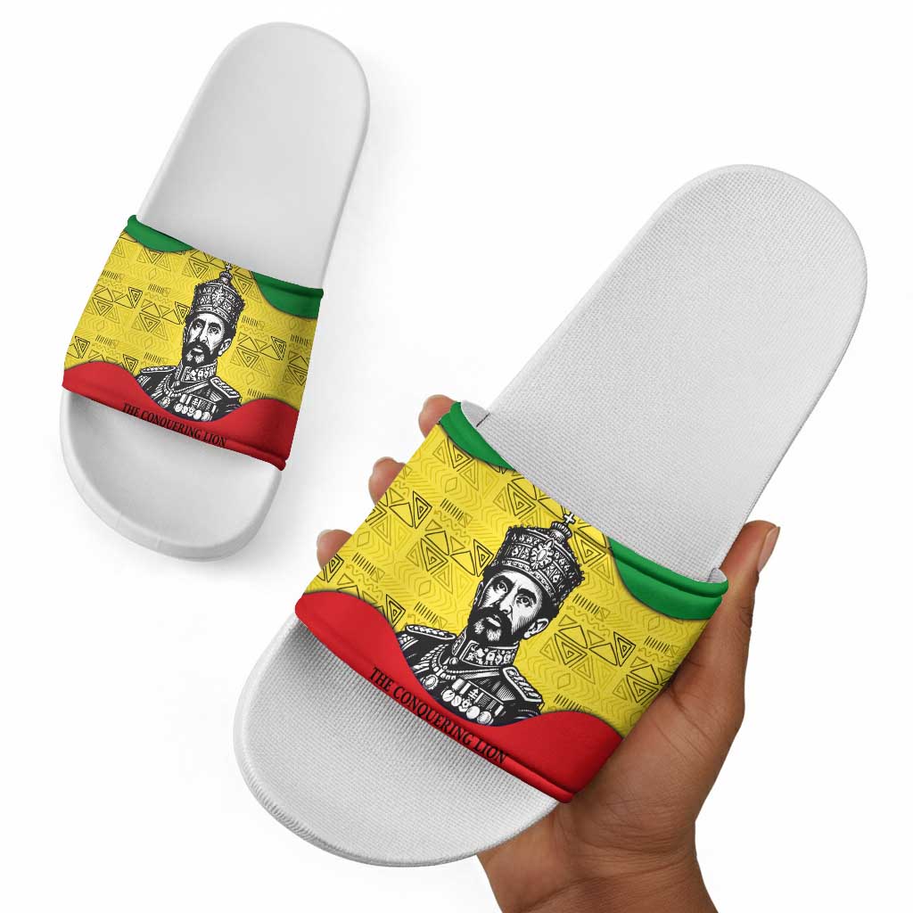 Haile Selassie I Slide Sandals Ethiopia Lion of Judah and Conquering Lion Pattern Tribute - African Pride