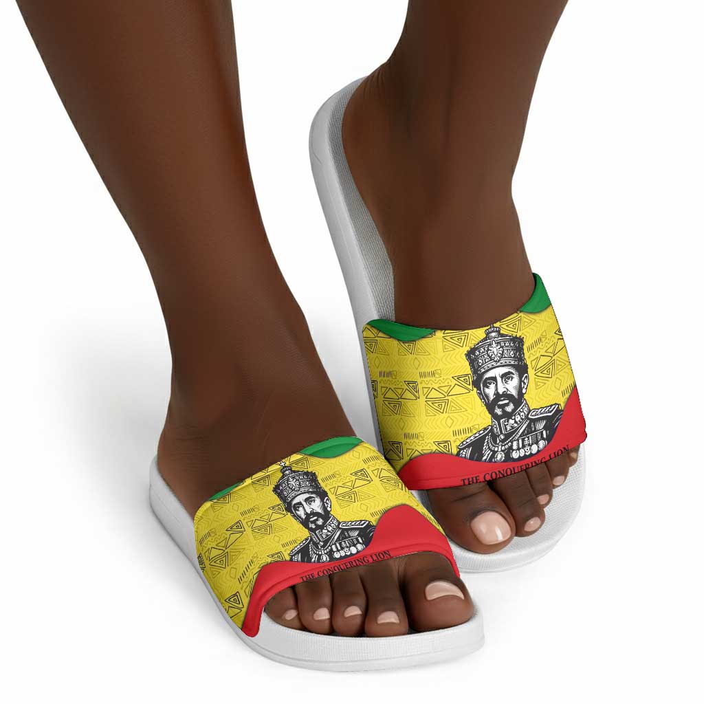 Haile Selassie I Slide Sandals Ethiopia Lion of Judah and Conquering Lion Pattern Tribute - African Pride