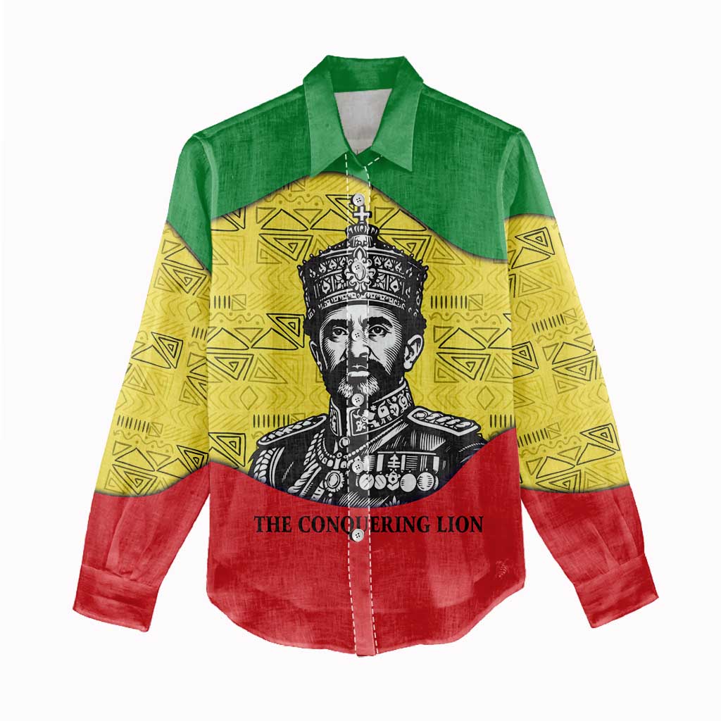 Haile Selassie I Women Casual Shirt Ethiopia Lion of Judah and Conquering Lion Pattern Tribute - African Pride