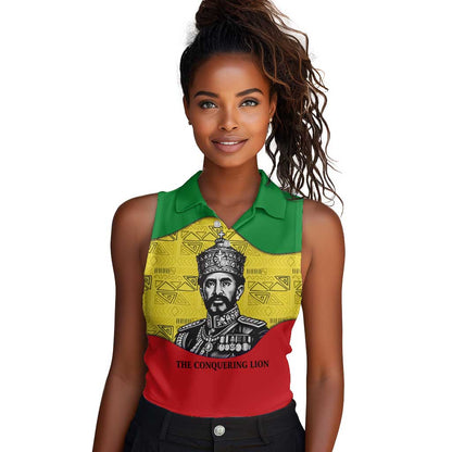 Haile Selassie I Women Sleeveless Polo Shirt Ethiopia Lion of Judah and Conquering Lion Pattern Tribute - African Pride