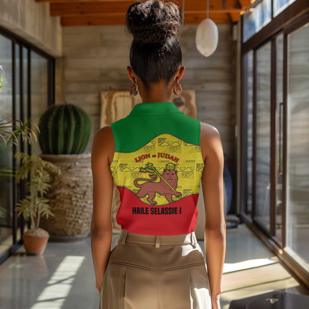 Haile Selassie I Women Sleeveless Polo Shirt Ethiopia Lion of Judah and Conquering Lion Pattern Tribute - African Pride