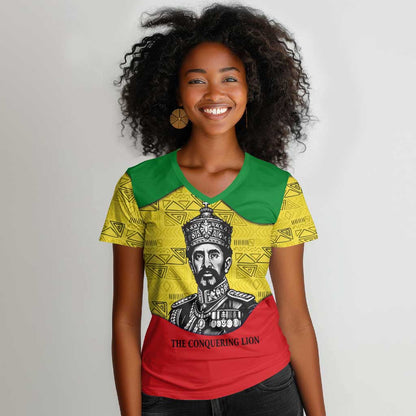 Haile Selassie I Women V-Neck T-Shirt Ethiopia Lion of Judah and Conquering Lion Pattern Tribute - African Pride