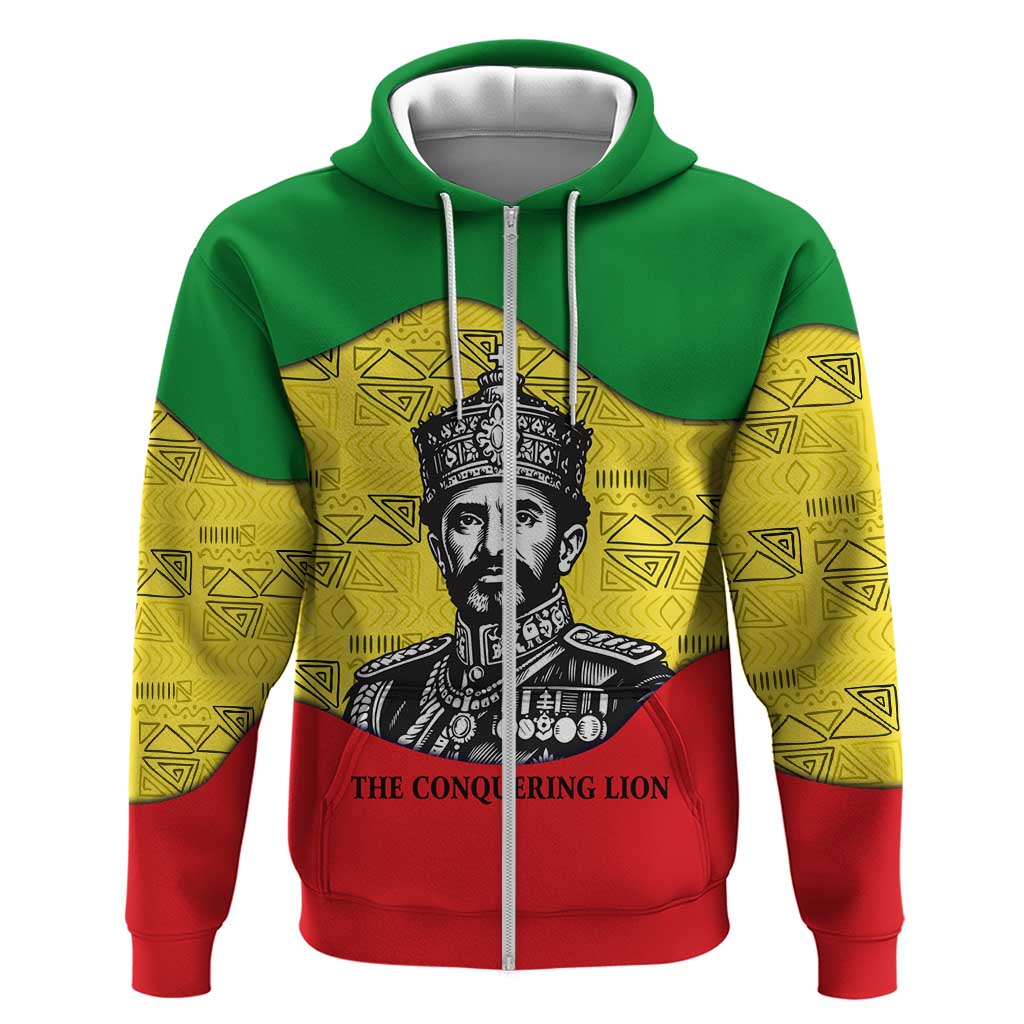 Haile Selassie I Zip Hoodie Ethiopia Lion of Judah and Conquering Lion Pattern Tribute - African Pride