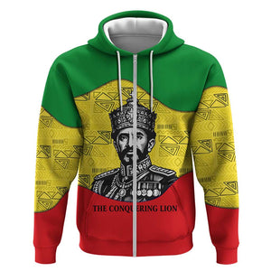 Haile Selassie I Zip Hoodie Ethiopia Lion of Judah and Conquering Lion Pattern Tribute - African Pride