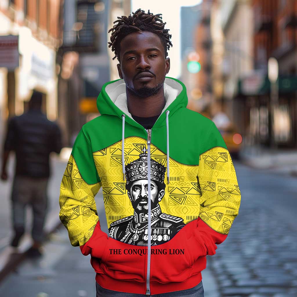 Haile Selassie I Zip Hoodie Ethiopia Lion of Judah and Conquering Lion Pattern Tribute - African Pride