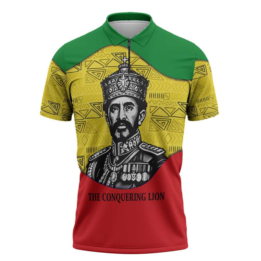 Haile Selassie I Zipper Polo Shirt Ethiopia Lion of Judah and Conquering Lion Pattern Tribute - African Pride