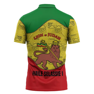 Haile Selassie I Zipper Polo Shirt Ethiopia Lion of Judah and Conquering Lion Pattern Tribute - African Pride
