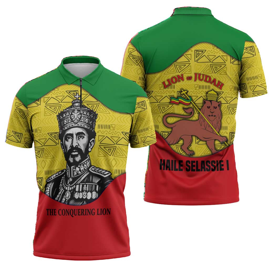 Haile Selassie I Zipper Polo Shirt Ethiopia Lion of Judah and Conquering Lion Pattern Tribute - African Pride