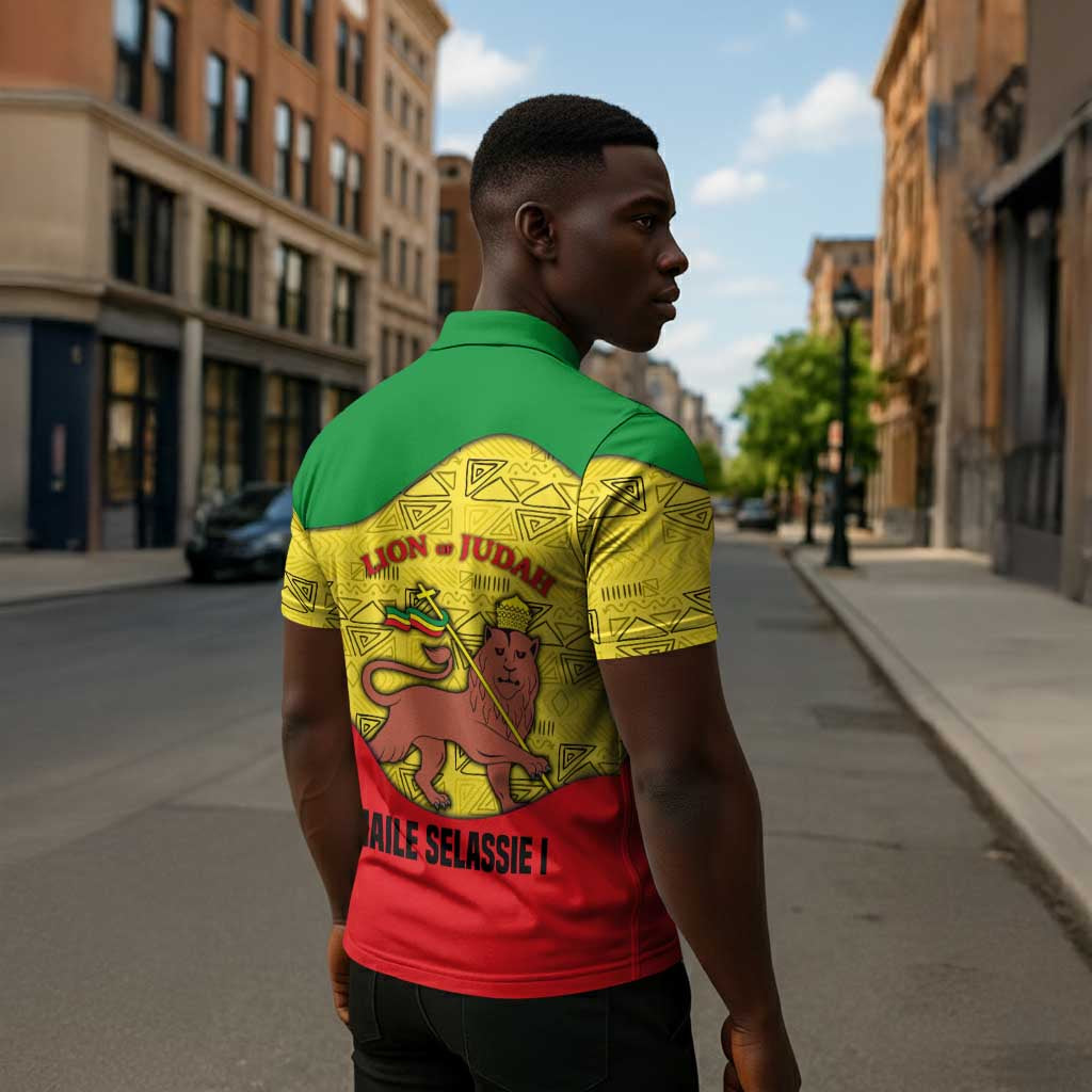 Haile Selassie I Zipper Polo Shirt Ethiopia Lion of Judah and Conquering Lion Pattern Tribute - African Pride