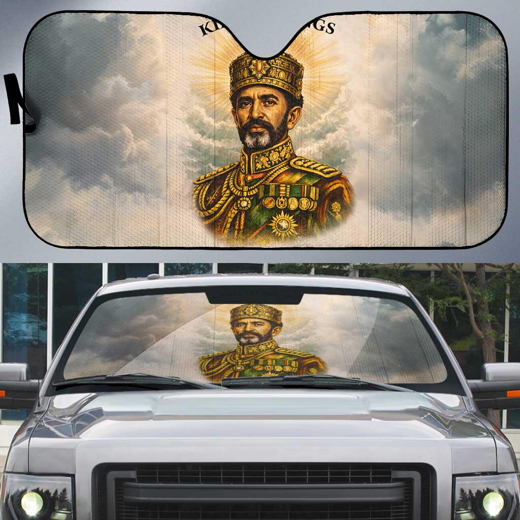 Haile Selassie I Ethiopia Auto Sun Shade with King of Kings and Conquering Lion Cloud Rays and Regal Portrait - African Pride