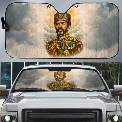 Haile Selassie I Ethiopia Auto Sun Shade with King of Kings and Conquering Lion Cloud Rays and Regal Portrait - African Pride