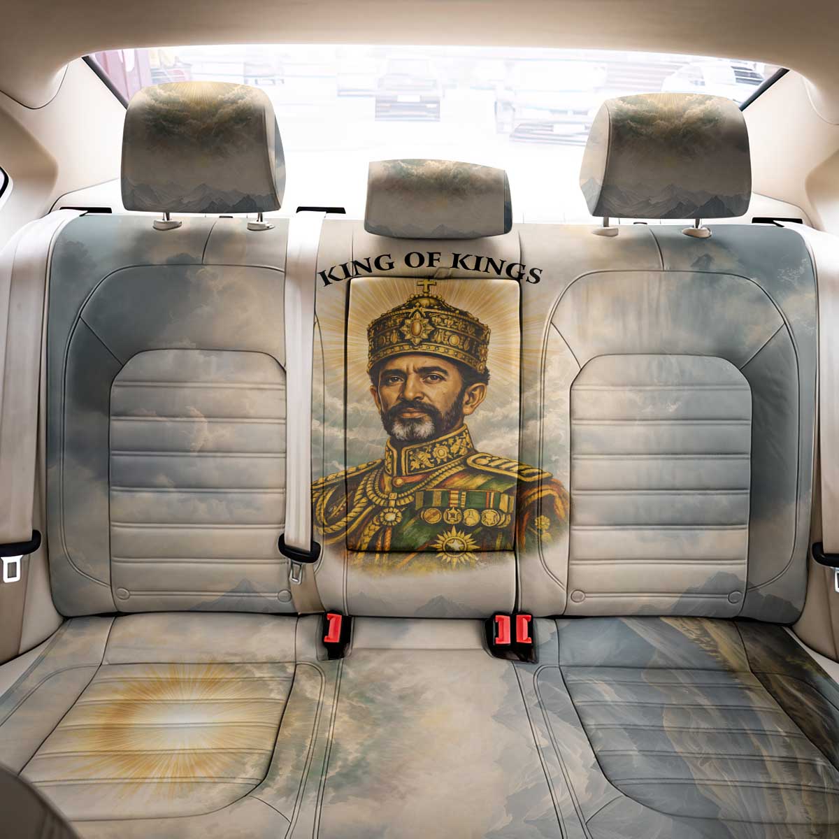 Haile Selassie I Ethiopia Back Car Seat Cover with King of Kings and Conquering Lion Cloud Rays and Regal Portrait - African Pride