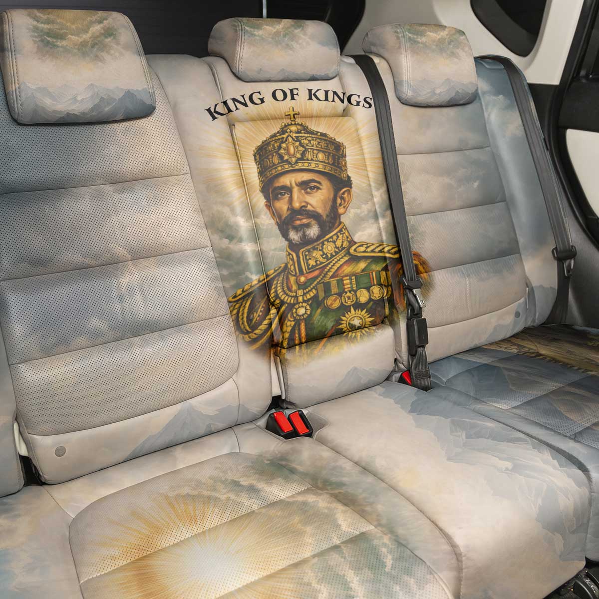 Haile Selassie I Ethiopia Back Car Seat Cover with King of Kings and Conquering Lion Cloud Rays and Regal Portrait - African Pride