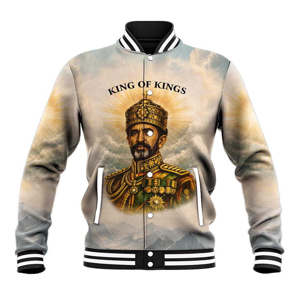 Haile Selassie I Ethiopia Baseball Jacket with King of Kings and Conquering Lion Cloud Rays and Regal Portrait - African Pride