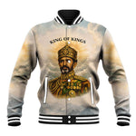 Haile Selassie I Ethiopia Baseball Jacket with King of Kings and Conquering Lion Cloud Rays and Regal Portrait - African Pride