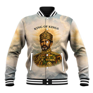 Haile Selassie I Ethiopia Baseball Jacket with King of Kings and Conquering Lion Cloud Rays and Regal Portrait - African Pride
