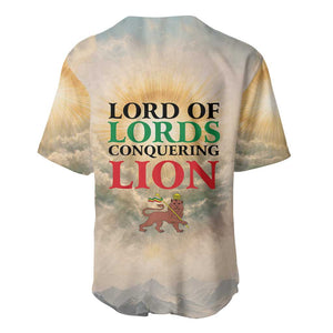 Haile Selassie I Ethiopia Baseball Jersey with King of Kings and Conquering Lion Cloud Rays and Regal Portrait