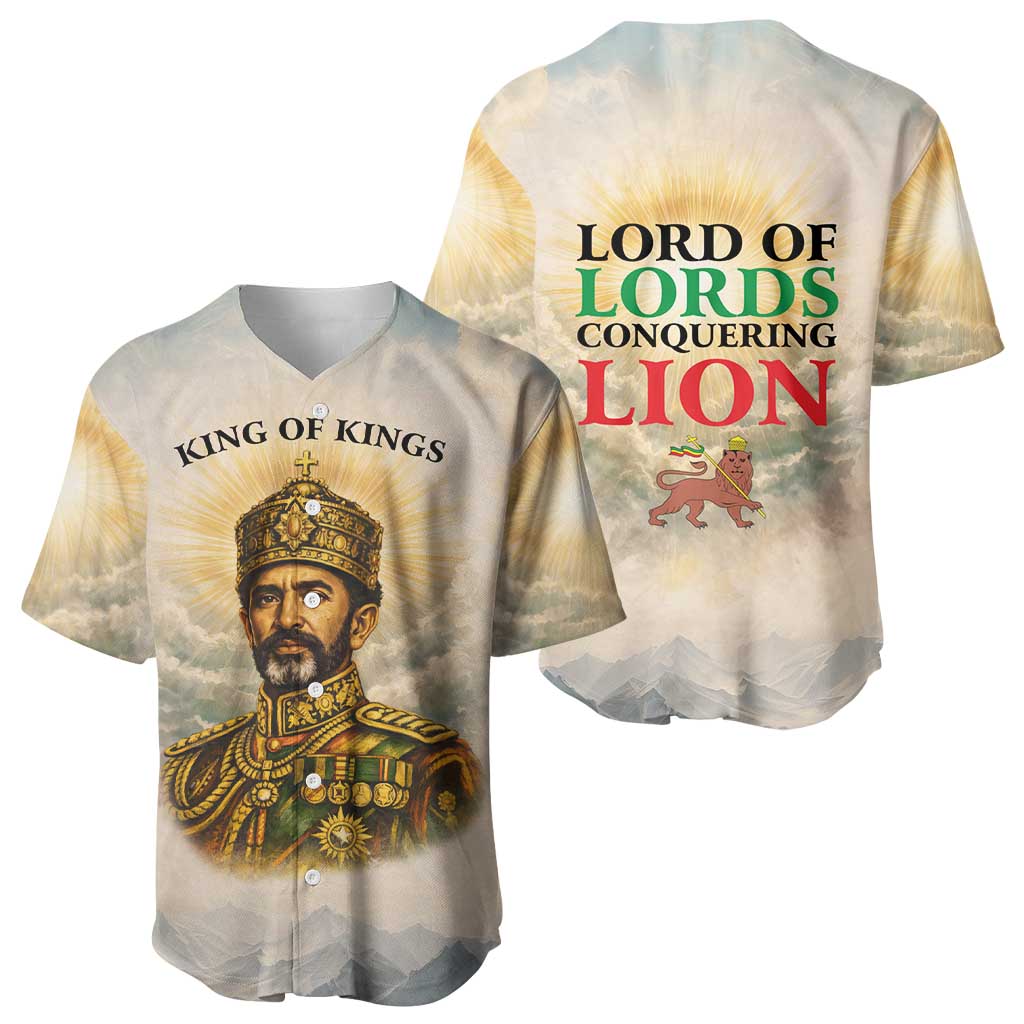 Haile Selassie I Ethiopia Baseball Jersey with King of Kings and Conquering Lion Cloud Rays and Regal Portrait