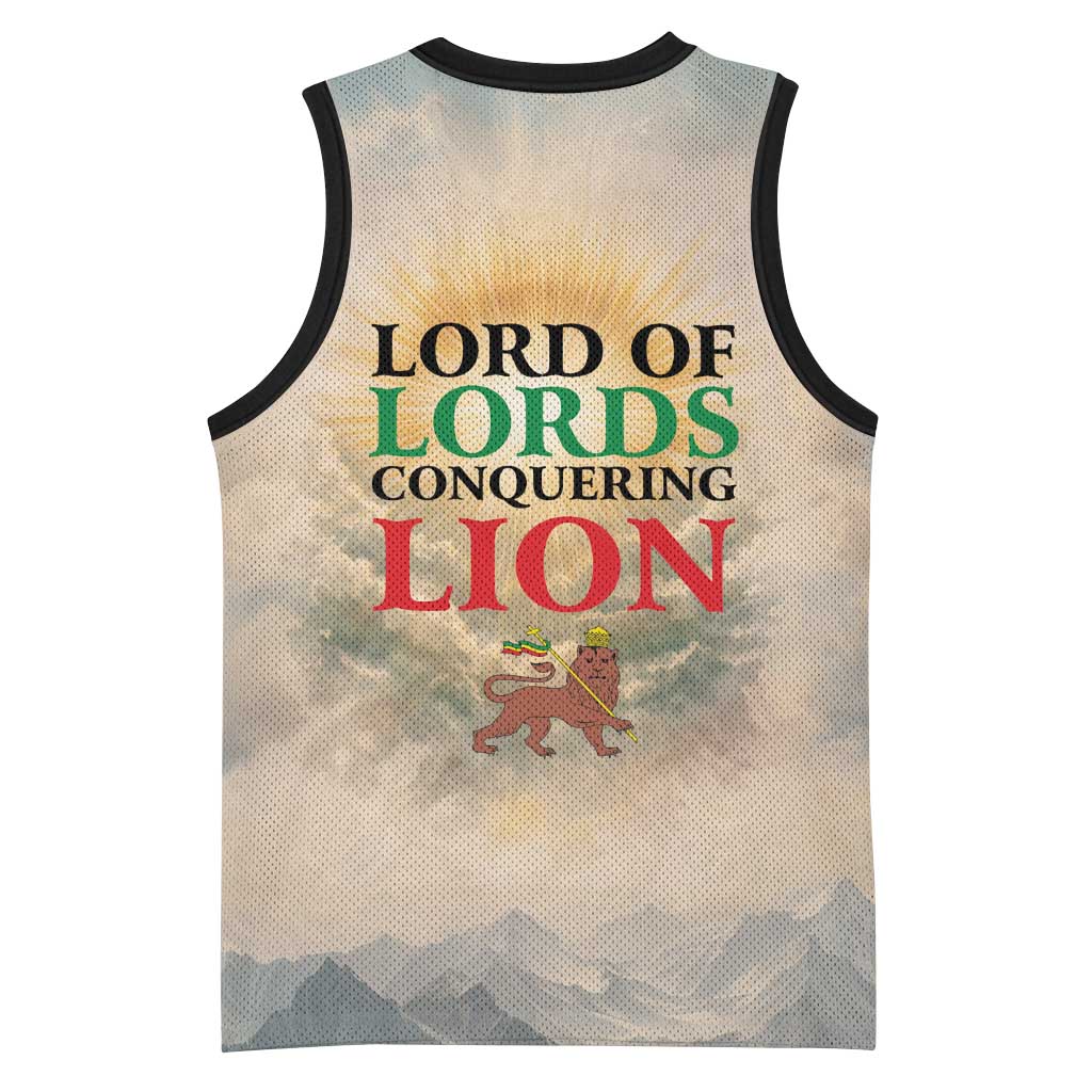 Haile Selassie I Ethiopia Basketball Jersey with King of Kings and Conquering Lion Cloud Rays and Regal Portrait
