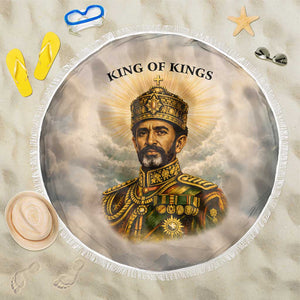 Haile Selassie I Ethiopia Beach Blanket with King of Kings and Conquering Lion Cloud Rays and Regal Portrait - African Pride
