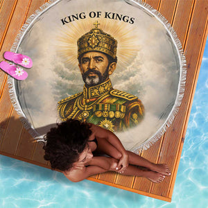 Haile Selassie I Ethiopia Beach Blanket with King of Kings and Conquering Lion Cloud Rays and Regal Portrait - African Pride