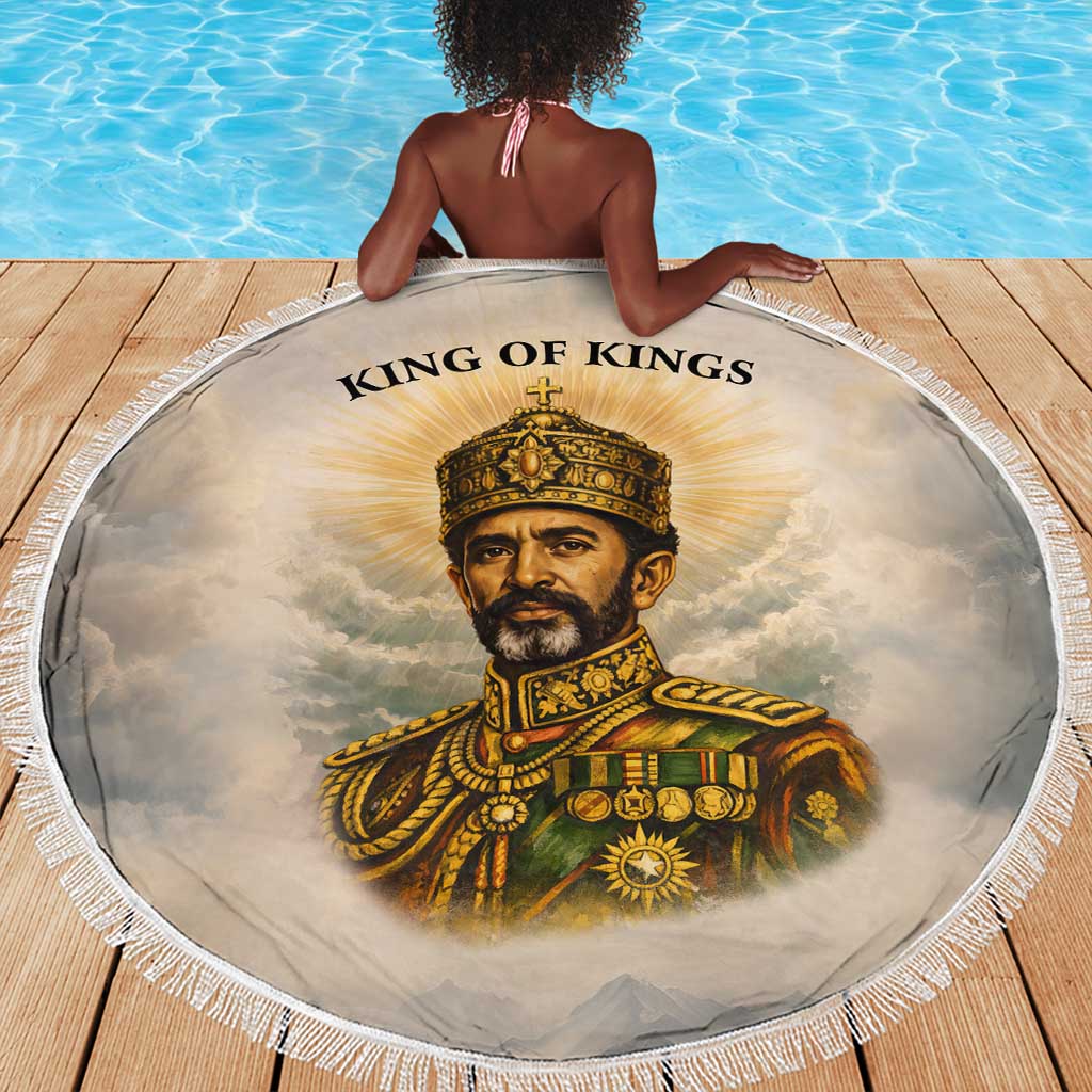 Haile Selassie I Ethiopia Beach Blanket with King of Kings and Conquering Lion Cloud Rays and Regal Portrait - African Pride