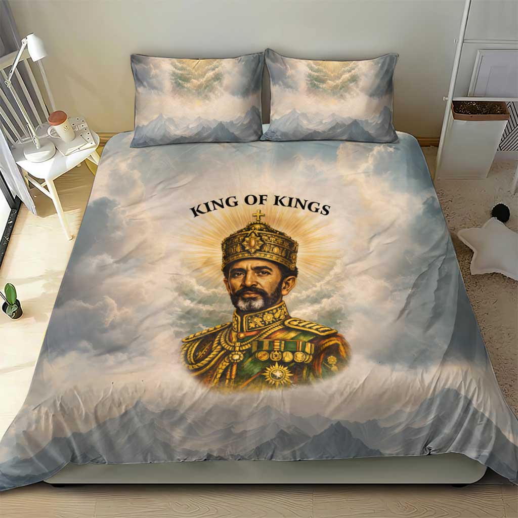 Haile Selassie I Ethiopia Bedding Set with King of Kings and Conquering Lion Cloud Rays and Regal Portrait - African Pride