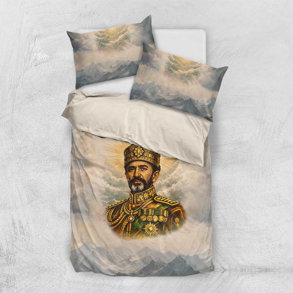 Haile Selassie I Ethiopia Bedding Set with King of Kings and Conquering Lion Cloud Rays and Regal Portrait - African Pride