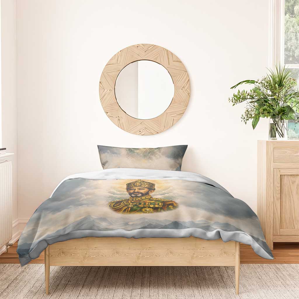 Haile Selassie I Ethiopia Bedding Set with King of Kings and Conquering Lion Cloud Rays and Regal Portrait - African Pride