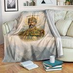 Haile Selassie I Ethiopia Blanket with King of Kings and Conquering Lion Cloud Rays and Regal Portrait - African Pride