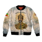 Haile Selassie I Ethiopia Bomber Jacket with King of Kings and Conquering Lion Cloud Rays and Regal Portrait