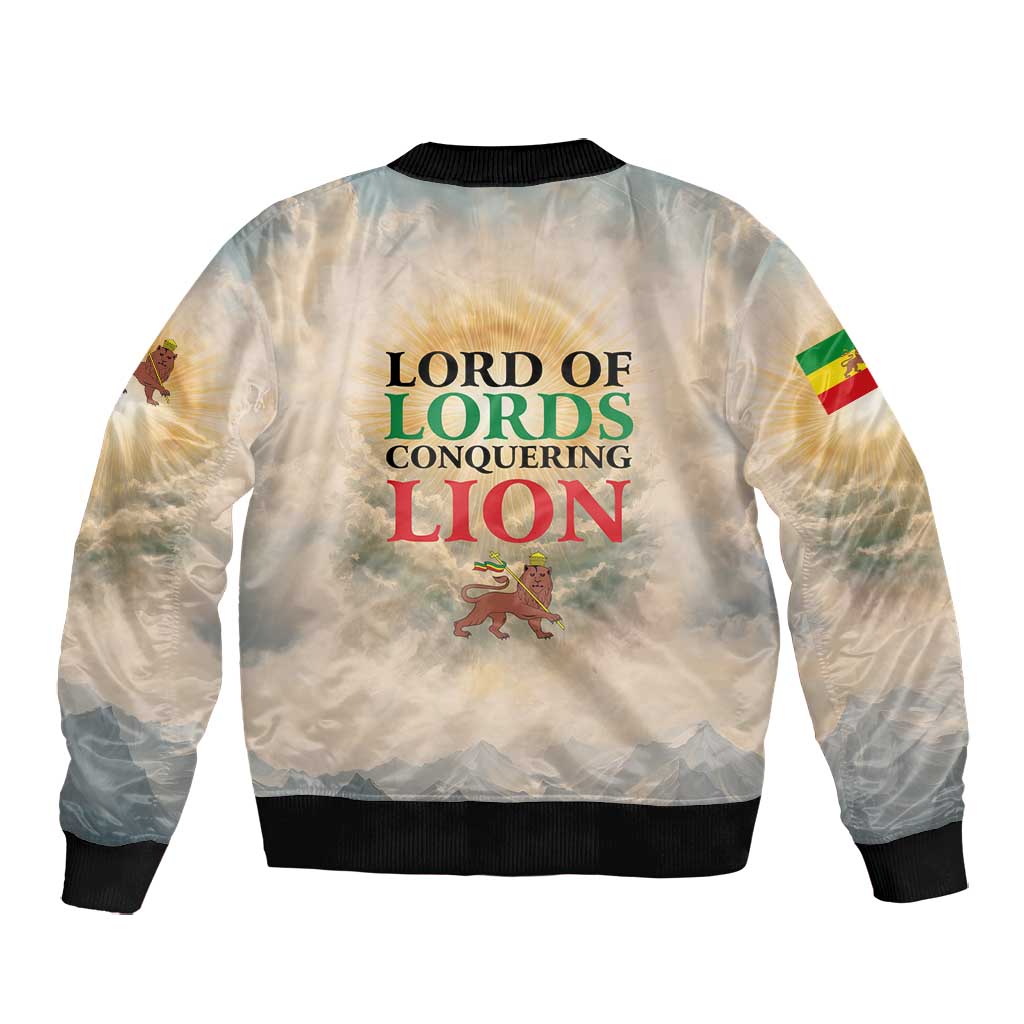 Haile Selassie I Ethiopia Bomber Jacket with King of Kings and Conquering Lion Cloud Rays and Regal Portrait