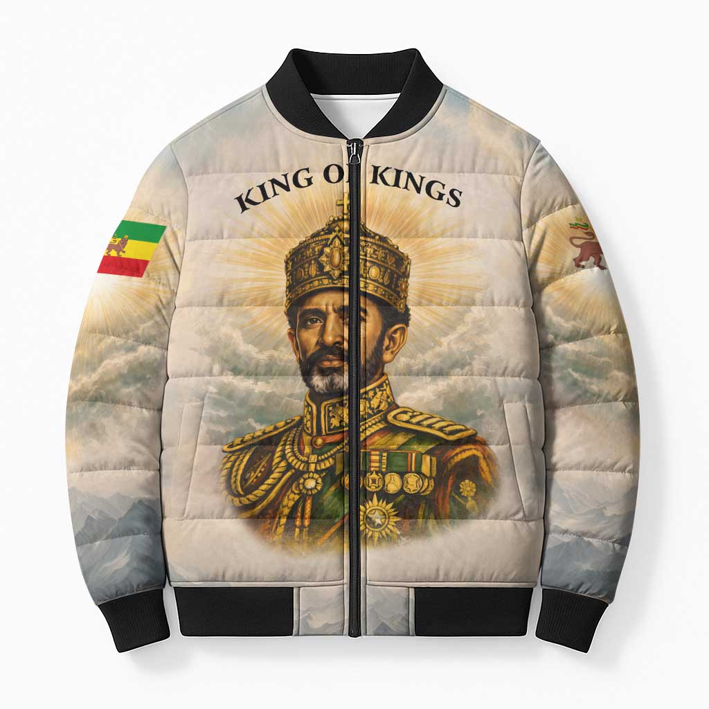 Haile Selassie I Ethiopia Bomber Puffer Jacket with King of Kings and Conquering Lion Cloud Rays and Regal Portrait