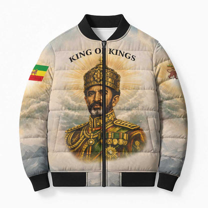 Haile Selassie I Ethiopia Bomber Puffer Jacket with King of Kings and Conquering Lion Cloud Rays and Regal Portrait