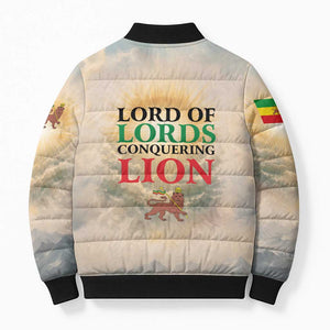 Haile Selassie I Ethiopia Bomber Puffer Jacket with King of Kings and Conquering Lion Cloud Rays and Regal Portrait